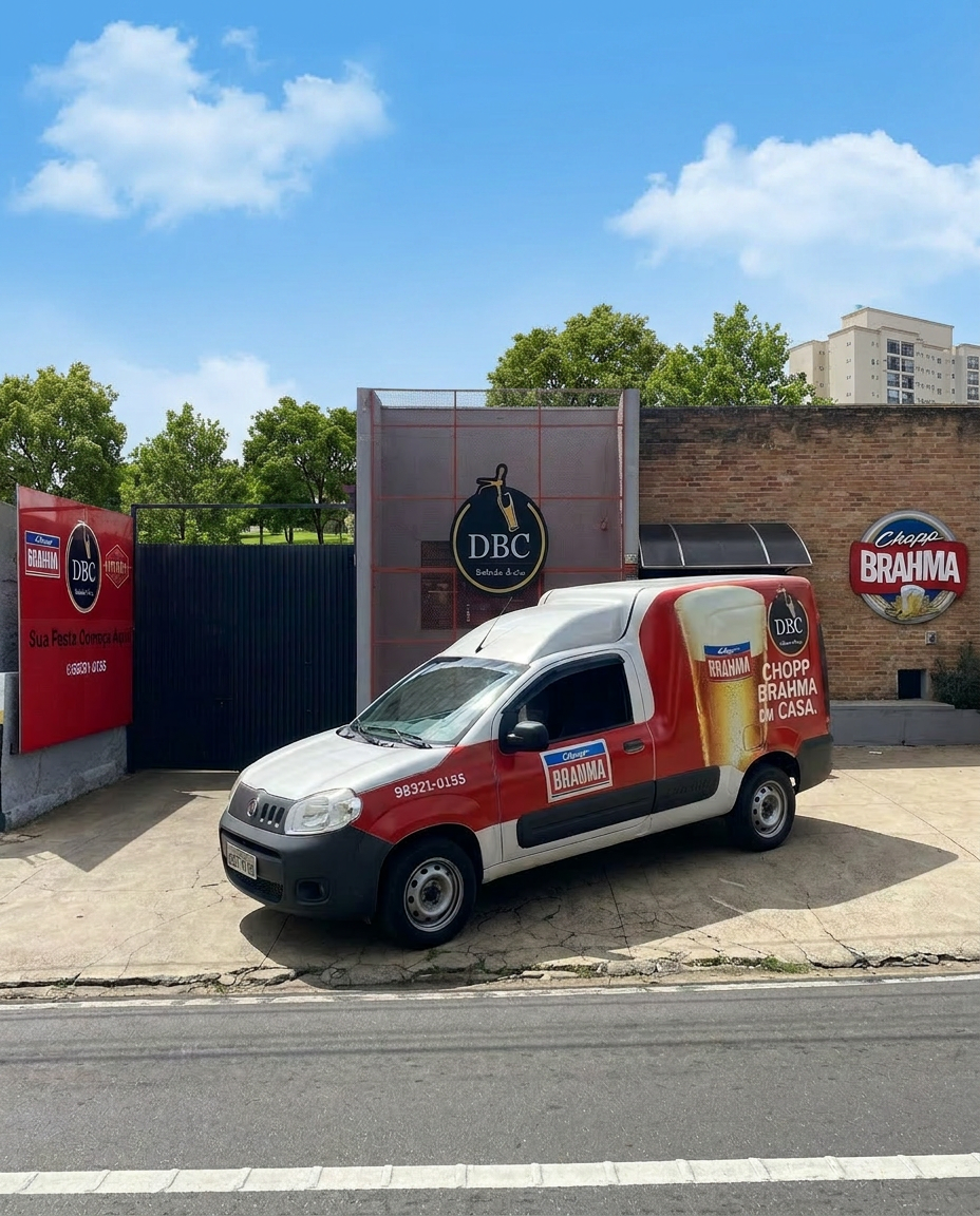 Fachada da loja DBC Bebida & Cia em Campinas com carro de entrega Chopp Brahma